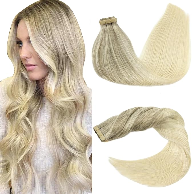 GOO GOO Tape in Hair Extensions Human Hair, 17/22/60 Ash Blonde to Golden Blonde and Platinum Blonde, 22inch 50g 20pcs, Skin Weft Seamless Invisible, Silky Straight with Thick Ends, Remy Human Hair