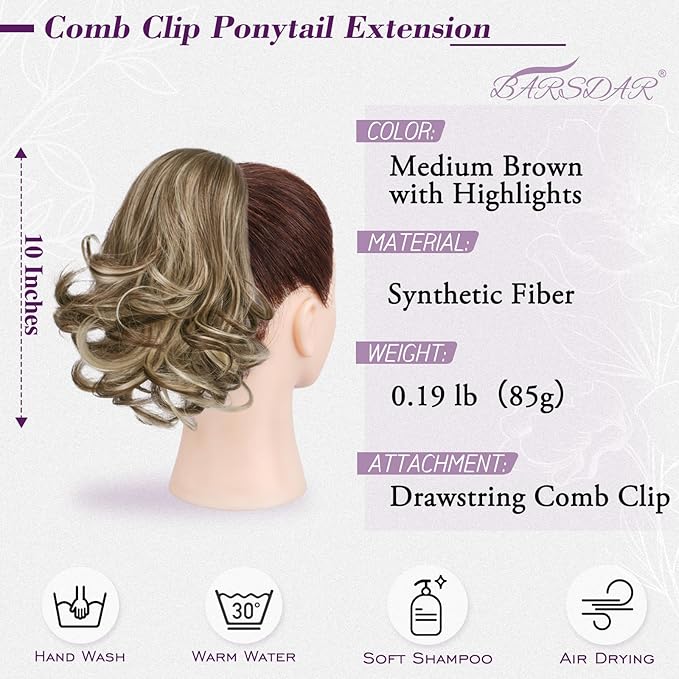 BARSDAR Drawstring Ponytail Extension - 10 Inch Short Wavy Highlight Ponytail Extensions for Women - Synthetic Comb Clip in Ponytail Hairpieces Fake Pony Tails - Medium Brown with Highlights