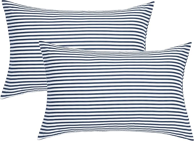 JELLYMONI 100% Natural Cotton Striped Standard Pillowcases Set, 2 Pack White and Dark Blue Stripes Pattern Printed Pillow Covers with Envelope Closure(Pillows are not Included)