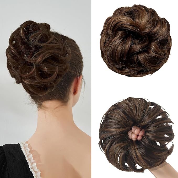 Large Messy Bun Hair Piece Curly Synthetic Extensions Scrunchies Fake Chignon Updo Hairpieces for Women Dark Brown Highlights