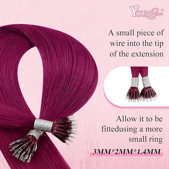 YoungSee Nano Ring Hair Extensions Magenta Nano Beads Hair Extensions 16inch Burgundy Nano-Ring Hair Extension Red Nano-Tip Extension Silky Cold Fusion 25g 25s for Experimenting with colors
