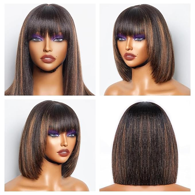 Bob Wig Human Hair with Bangs Glueless 2.5x1 HD Lace Colsure Wigs Human, Bob Wig with Brown Highlights, Ready to Go Short Wigs For Women Beginner Friendly 14 Inch