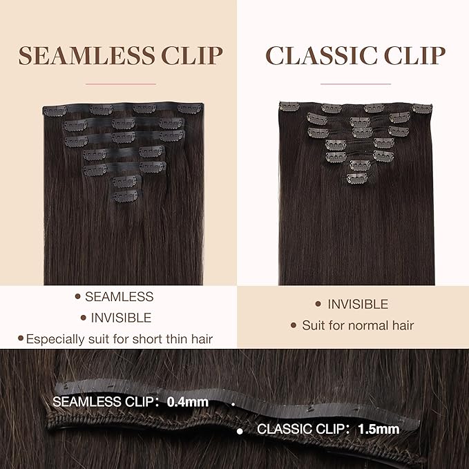 GOO GOO Clip in Hair Extensions Real Human Hair, Remy Human Hair Extensions Clip ins for Women, Natural Human Hair, 22inch 110g 7Pcs, 2A Light Brown