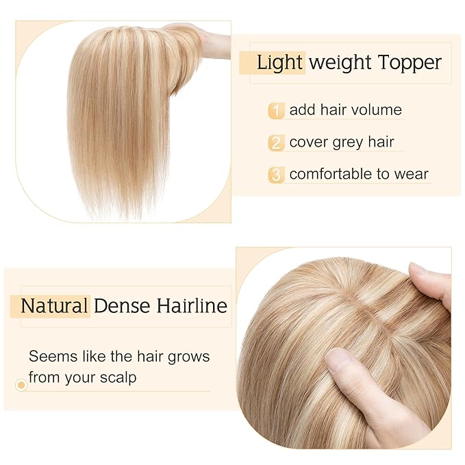 SEGO Hair Toppers for Women Real Human Hair With Bangs, 7 * 13CM Silk Base 100% Remy Human Hair Clip in Top Wiglet Hairpieces Add Volume -14 Inch Golden Brown&Bleach Blonde