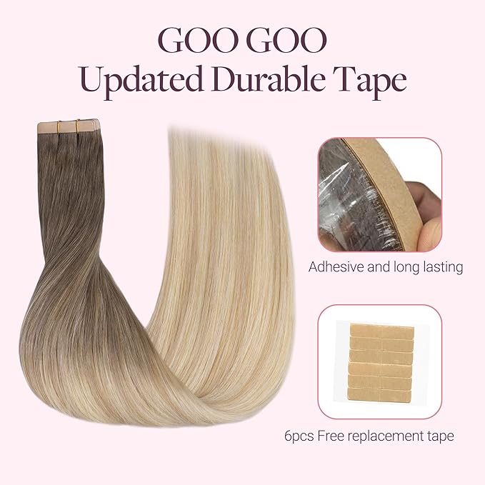 GOO GOO Tape in Hair Extensions Human Hair, 9/18J/60 Chocolate Brown to Champagne Blonde Balayage, 22inch 50g 20pcs, Skin Weft Seamless Invisible, Silky Straight with Thick Ends, Remy Human Hair