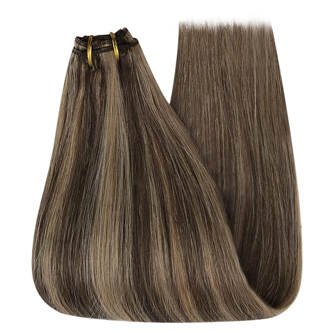 YoungSee Sew in Hair Extensions Real Human Hair Highlights Brown with Blonde Weft Extensions Long Straight Human Hair Sew in Extensions Dark Brown Mix Caramel Blonde 22Inch 100G