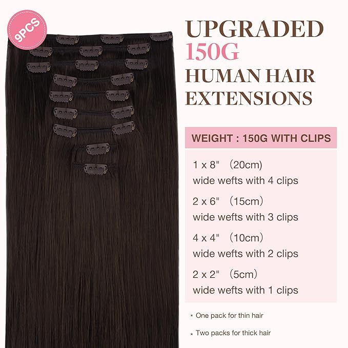 GOO GOO Clip in Hair Extensions Real Human Hair, Remy Human Hair Extensions Clip ins for Women, Natural Human Hair, 18inch 150g 9Pcs, 2A Light Brown