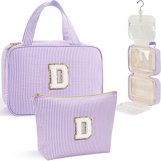 YOOLIFE Travel Toiletry Bag for Women - Hanging Toiletry Bag, Large Capacity Personalized Makeup Pouch, Travel Essentials - Letter D, Purple