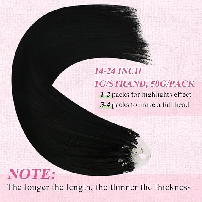 YoungSee Microlink Hair Extensions Human Hair Black Micro Bead Hair Extensions Jet Black Beaded Hair Extension Short Hair 14Inch 50s 50g Micro Ring Human Hair Extension for Adding Volume