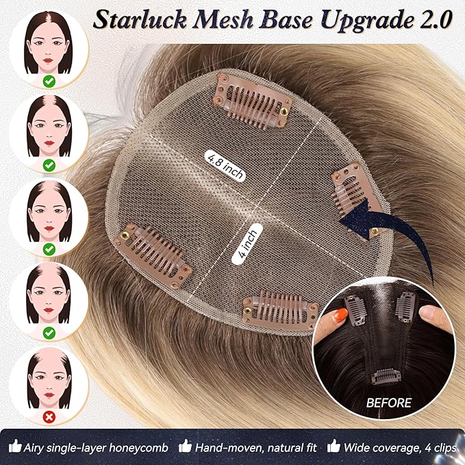 starluck Hair Toppers for Women Real Human Hair With Bangs, 100% Remy HumanHair Toppers for Women Hand-woven with Thinning,Cover Gray Roots,Adds Volume,Ombre Light Blonde