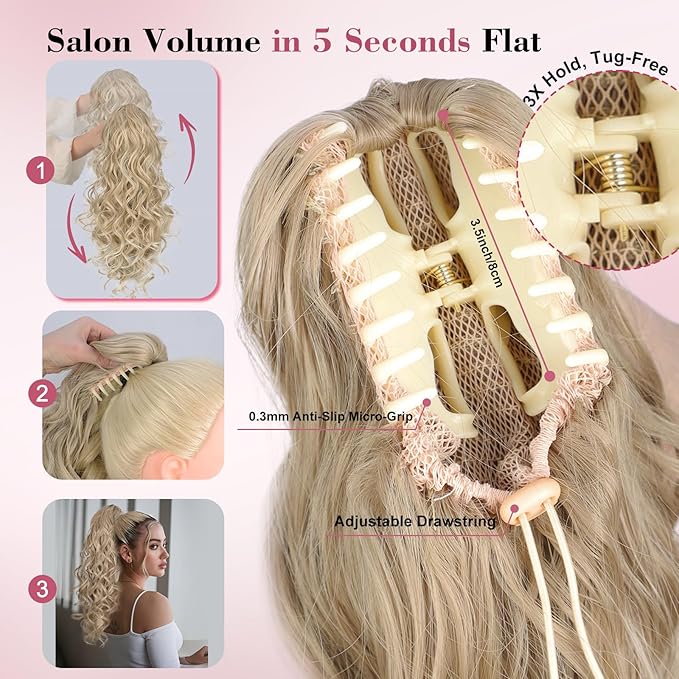 QGZ 20" Wavy Ponytail Extension, Claw Clip Ponytail Hair Extension, Natural Synthetic Hairpiece for Women Daily Use(Dirty Blonde)