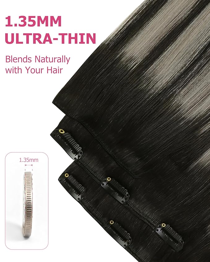 YoungSee Clip in Hair Extensions Real Human Hair Black Balayage Hair Extensions Clip ins Natural Black Roots Sliver Balayage Clip in Extensions Real Human Hair for Women 14Inch 120G 7Pcs