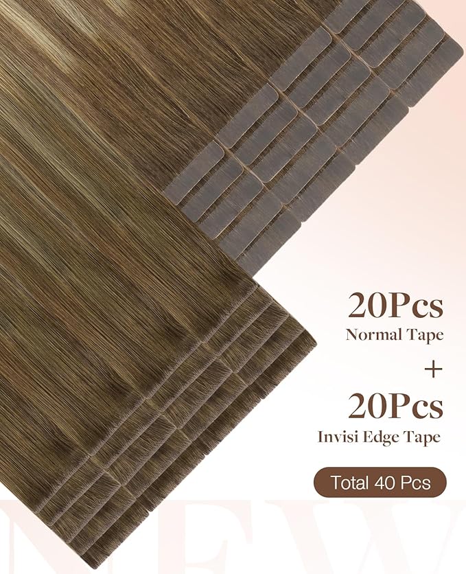 GOO GOO Invisi Edge Tape in Hair Extensions Human Hair, 3/8/613 Walnut Brown to Ash Brown and Bleach Blonde 20pcs injected with 20pcs classical tape ins, 14inch 100g, Virgin Remy Hair, Natural Look
