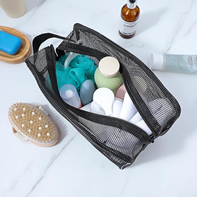 Bremorou 1 Pcs Small Mesh Shower Bag Black Gym Toiletry Bags Portable Rectangle Bathroom Travel Organizer Quick-Dry Shower Meshes Bag Women Men Bathroom Camping Travel Dorm College Gifts 25×11 ×16 cm