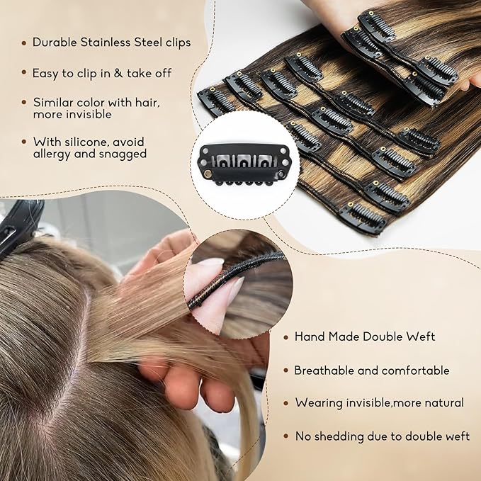 Clip in Hair Extensions Real Human Hair 18inch 8pcs 100g Seamless Balayage Dark Brown Hair Extensions Clip Ins Double Weft Dark Brown Highlight Chestnut Brown Invisible Straight Remy Human Hair