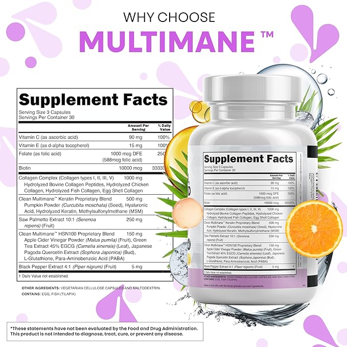 Clean Nutraceuticals Collagen Pills 1000mg Biotin 10000mcg Keratin Saw Palmetto Hyaluronic Acid - Hair Skin & Nails Vitamins & DHT Blocker (90 Count (Pack of 2))