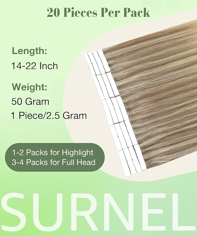 SURNEL Tape in Extensions Human Hair Balayage Golden Brown Highlighted Fading to Golden Blonde Tape in Hair Extensions 18inch 20 pcs 50g(#10/16/16-18)