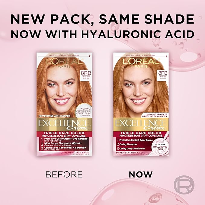 L'Oreal Paris Excellence Crème Permanent Hair Dye, Triple Care Hair Color with Pro-Keratine Complex for 100% Gray Hair Coverage, 8RB Reddish Blonde, 1 Kit (Pack of 2)