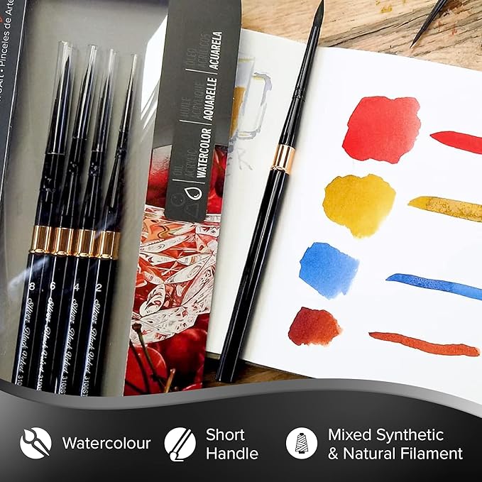 Silver Brush Limited WC-3124ST Black Velvet Voyage Master Travel Set for Watercolor, Gouache, Inks, & Dyes, Set of 4, Sizes 2, 4, 6, and 8 Round Paintbrushes, Short Handle
