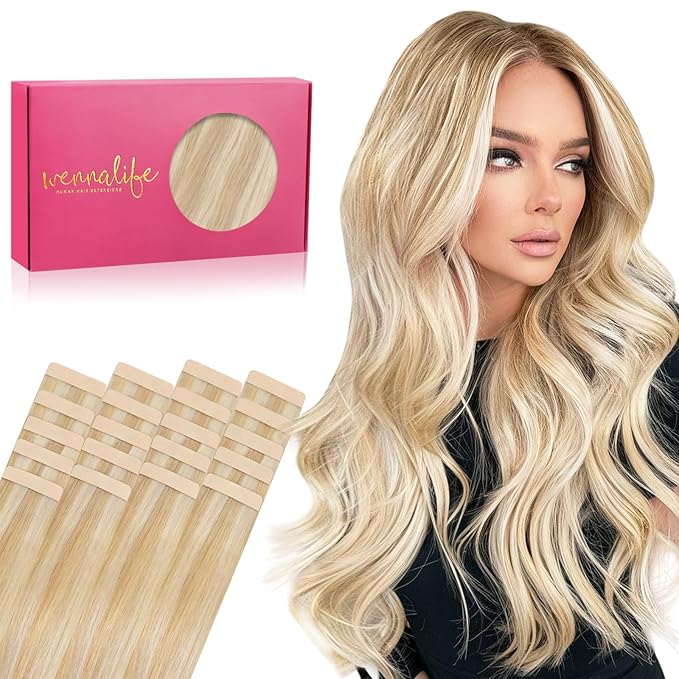 WENNALIFE Tape in Hair Extensions Human Hair, 20pcs 40g 12 inch Dirty Blonde Highlighted Bleach Blonde Remy Hair Extensions Straight Human Hair Tape in Extensions Skin Weft Extensions Hair
