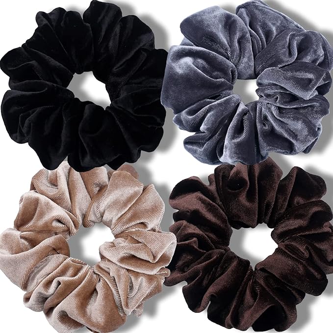 IVARYSS Extra Large Scrunchies for Women's Thick Hair, Premium Velvet Soft Jumbo Scrunchy, XL 6 inch Big Elastic Band Hair Accessories, 4 Pack, Neutral