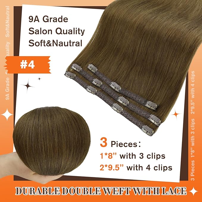 Full Shine Brown Human Hair Extensions 16 Inch Real Human Hair Extensions Clip in Extensions Straight Remy Hair Medium Brown Brazilian Clip in Real Hair Natural Extensions 60 Grams 3Pcs