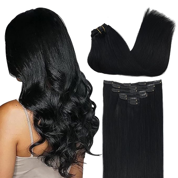 GOO GOO Clip in Hair Extensions Real Human Hair, Remy Human Hair Extensions Clip ins for Women, Natural Human Hair, 20inch 200g 7Pcs, #1 Jet Black