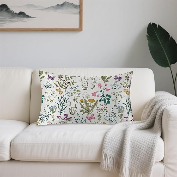 Satin Pillowcase 1 Pack-Leaves Herbs and Wildflowers Silky Pillow Cover for Hair and Skin,Standard Size 20x26 Inch Soft Cooling Printed Pillow Cases with Hidden Zipper,Gifts for Women Men