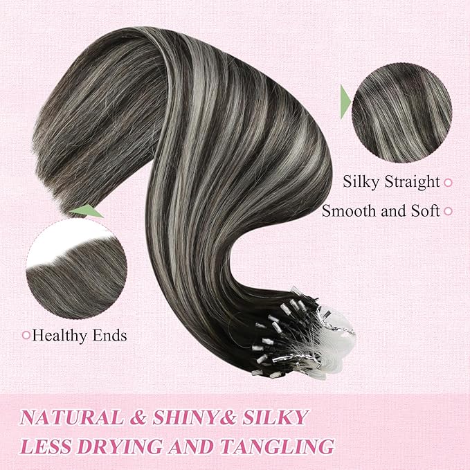 YoungSee Micro Link Hair Extensions Human Hair Ombre Micro Bead Hair Extensions Real Human Hair Silver with Black Balayage Microlink Hair Extension Cold Fusion Hair for Long Hair 22 Inch 50g 50s