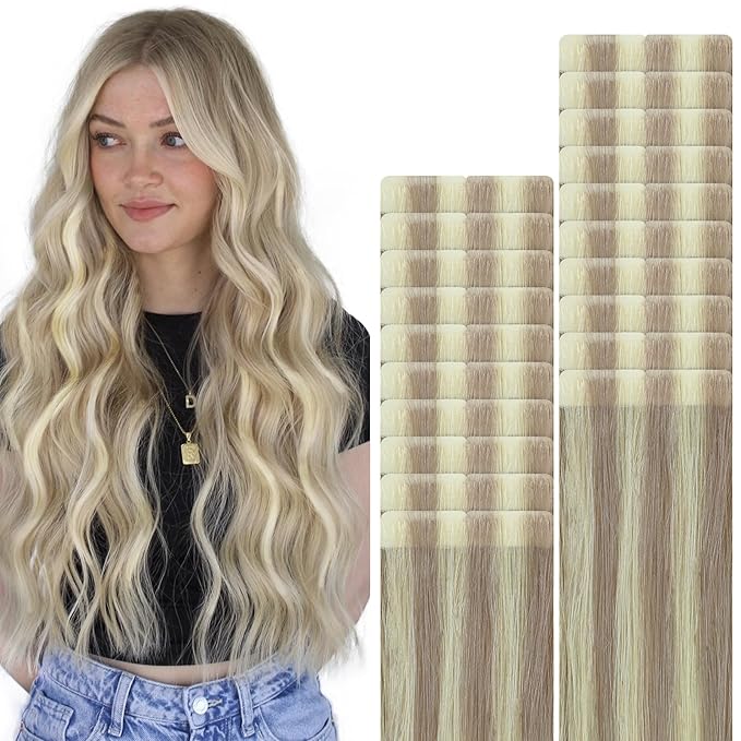 VINBAO Invisi Edge Tape in Extensions Human Hair, Ash Blonde Highlighted with Platinum Blonde 40g 14in 20pcs Natural Seamless Injected Tape in Hair Extensions 14inch #18P60