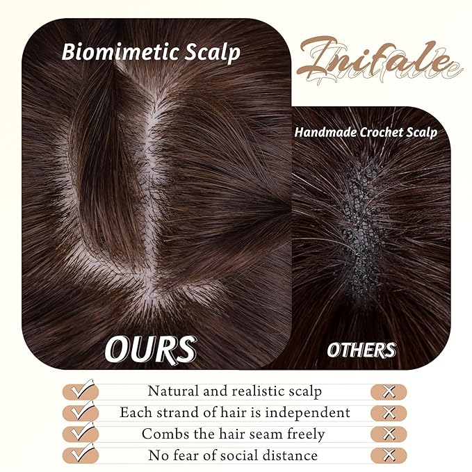 Hair Toppers for Women Clip in Bangs Real Human Hair,30g Dark Brown Topper for Women 150% Density Silk Base Clip in Pieces Straight Hair