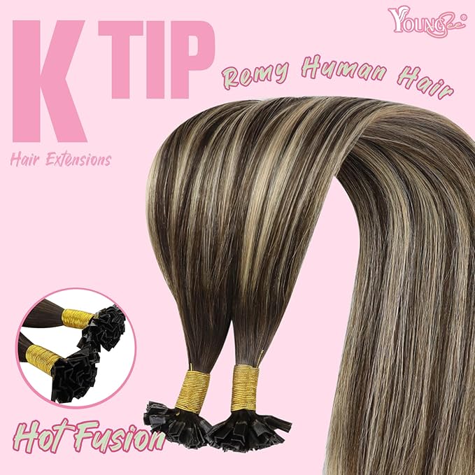 YoungSee K Tip Hair Extensions Human Hair Dark Brown Ombre Ash Blonde K Tip Hair Extensions Human Hair Ombre 22In 1G/S 50G