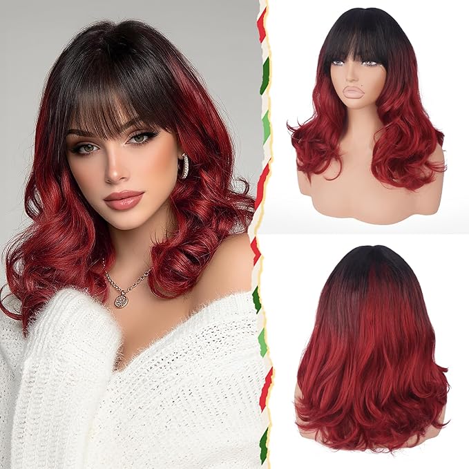 Wig with Bangs for Women | 16 Inch Layered Body Wave Synthetic Wig | Heat Resistant Yaki Fiber Natural Looking Shoulder Length Wigs | Synthetic Wig for Daily Wear - Ombre Black to Burgundy