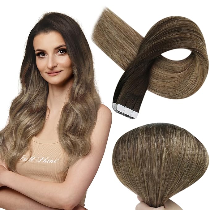 Full Shine Tape in Extensions Human Hair Balayage Tape in Hair Extensions Dark Brown to Chestnut Brown Highlighted Ash Blonde 20Inch Straight Hair Extensions Tape ins Natural Hair 20pcs 50G Add Length