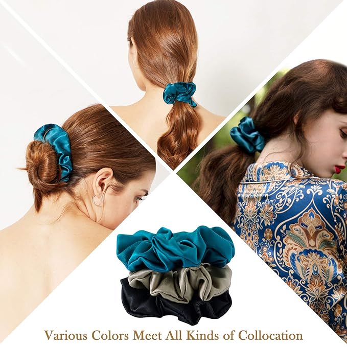 MulberrySilk Scrunchies for Women Hair Ties for Sleep and Night Hair Sleep, Women Grils Silk Hair Ties 3 Pack（Black,Taupe,Peacock blue）