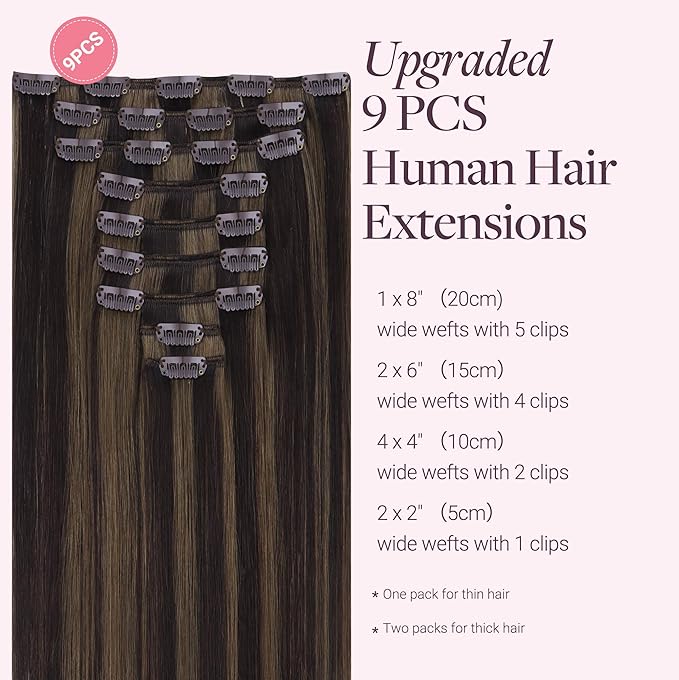 GOO GOO Clip in Hair Extensions Real Human Hair, Remy Human Hair Extensions Clip ins for Women, Natural Human Hair, 18inch 150g 9 Pcs, #2/6 Dark Brown Highlighted Chestnut Brown