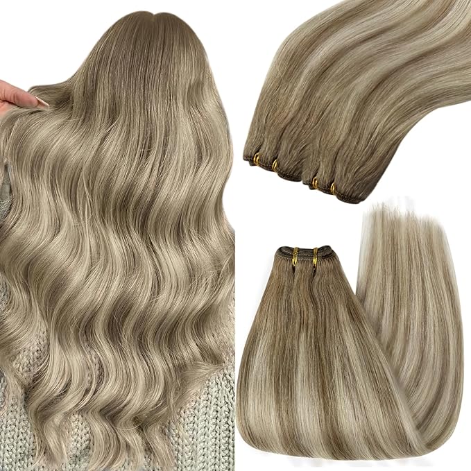 YoungSee 130G Weft Hair Extensions Human Hair Balayage Light Brown Mix Platinum Blonde Hair Extensions Sew in Balayage Double Weft Human Hair Extension Long Straight Hair 24Inch