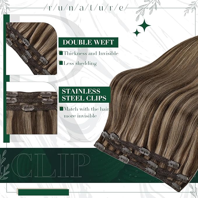 RUNATURE Human Hair Clip in Extensions, Well-Blended Remy Hair Extensions Clip Ins for Women, Add Hair Volume, 14 Inch 50g 3pcs #3P12 Walnut Brown Highlight