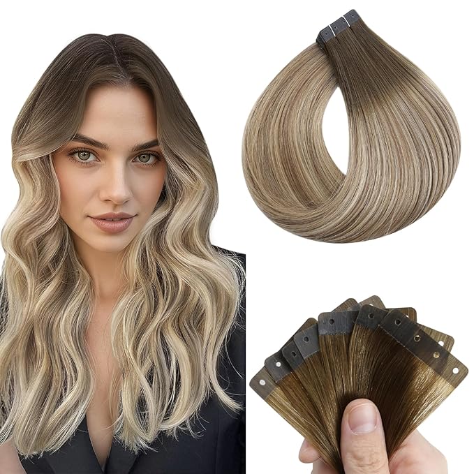 Full Shine Balayage Tape in Hair Extensions Human Hair Color 3/8/22 Dark Brown to Ash Brown and Blonde Seamless Tape in Extensions 12Inch 30G 20PCS Invisible Skin Weft Pu Tape in with Holes