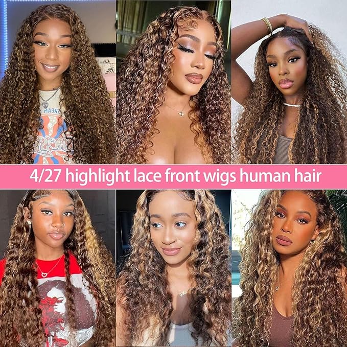 210% Density 13x6 Highlight Ombre Full Lace Frontal Wigs Human Hair 12A Deep Wave Brazilian Human Hair Pre Plucked 4/27 Honey Blonde HD Glueless Transparent Lace 26 Inch