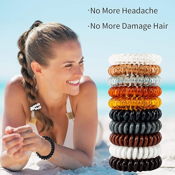 79STYLE 50pcs Spiral Hair Ties For Women Coil Hair Bands Coil Scrunchies Ponytail Holder Plastic Phone Cord Hair Coils For Thin Hiar No Damage (brown/clear)
