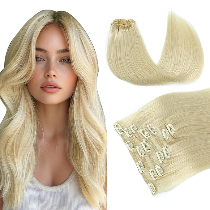 PINKPEARL Clip in Hair Extensions #60 Platinum Blonde Clip in Hair Extensions Real Human Hair 7pcs 120g 20inch Blonde Hair Extensios Clip ins for Women Straight Natural Human Hair Clip ins (#60-20)