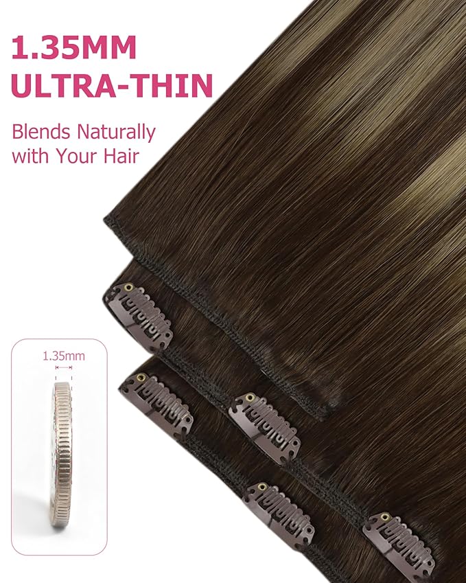 YoungSee 150G Clip in Hair Extensions Real Human Hair Balayage Brown Hair Extensions Clip ins Clip on Extension Real Human Hair Long Straight Hair Balayage Chocolate Brown Mix Caramel Blonde 24in 7pcs