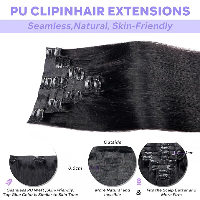 Seamless Clip in Hair Extensions Real Human Hair Straight Remy Human Hair Clip in Extensions for Women, Natural Soft Silk Straight Human Hair PU Thin Weft 8Pcs 120g 20inch #1B Natural Black
