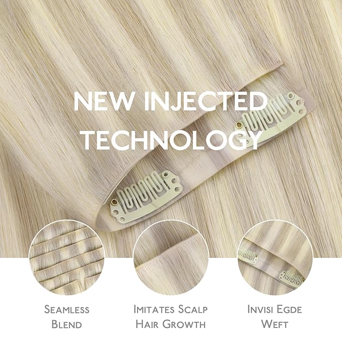 WENNALIFE Invisi Edge Clip in Hair Extensions Real Human Hair, 22 Inch 150g 7pcs Ash Blonde Highlighted Platinum Blonde Seamless Clip in Extensions Remy Hair Clip Ins Invisible PU Skin Weft Straight