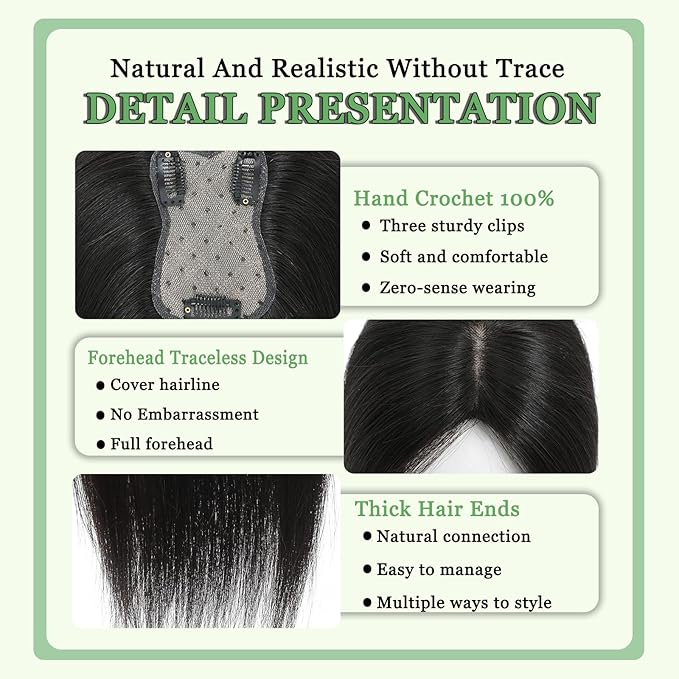 Hair Toppers for Women Real Human Hair, 360°3D Bangs Clip Human Toppers for Women with Thinning hair Realistic Scalp Line (Black, 3D Side Bangs (11 * 7))