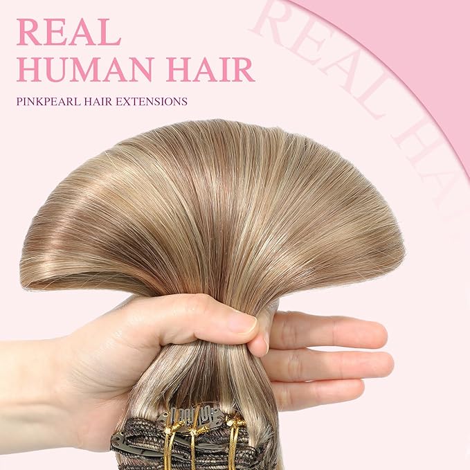 PINKPEARL Clip in Hair Extensions Real Human Hair #10/16/16 Golden Brown to Caramel Blonde Human Hair Clip in Hair Extensions 7pcs 120g 18inch Human Hair Extensios Clip ins(#10/16/16-18)