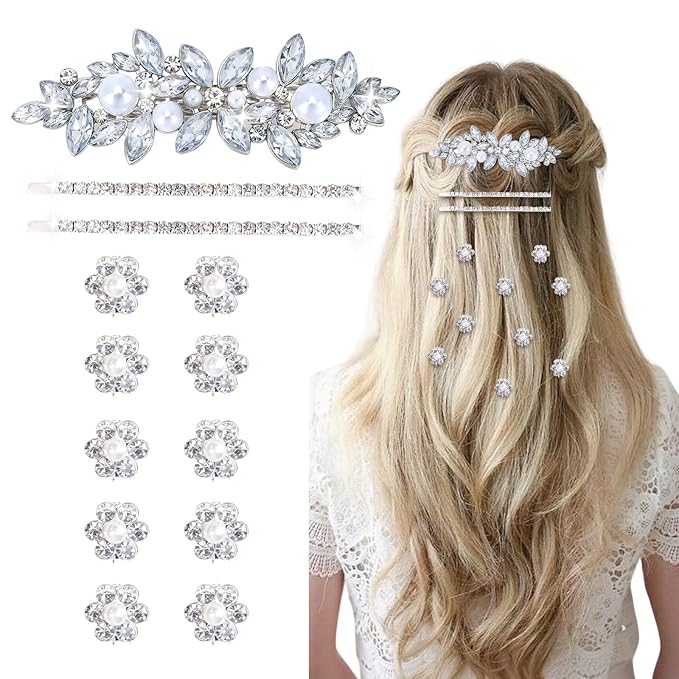 13 Pieces Rhinestone Hair Clips, Including10 Silver Mini Flower Hair Clips, 2 Pcs Crystal Bobby Pins, 1 Decorative Rhinestones Barrette with Pearls for Bride Women Flower Girls