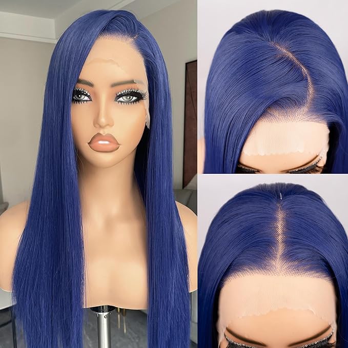 BLL Blue Lace Front Wig, 13x4 Glueless Synthetic Wigs Pre Plucked Hd Lace Long Straight Dark Blue Wig For Women With Baby Hair 26inch Suitable For Daily Party Wear