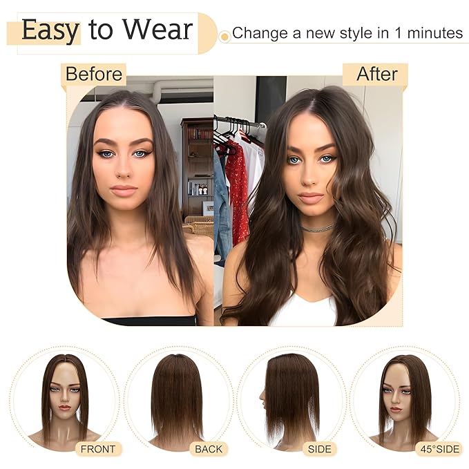 SEGO Human Hair Toppers for Women With Thinning Hair, 7 * 13CM Silk Base 100% Real Human Hair Clip in Top Wiglet Hairpieces -12 Inch No Bangs Medium Brown